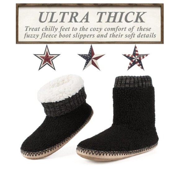 Men's Warm Up House Boots, Thick Fuzzy Sherpa Fleece Winter 10-11 Fleece Black - Picture 5 of 6